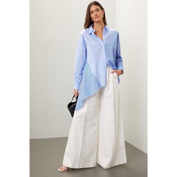 NAADAM Blue Cotton Asymmetrical Stripe Mix Button Up Long Sleeve Top Size Medium - Picture 2 of 12